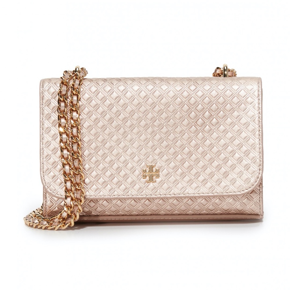 Tory Burch Marion Embossed Metallic Shrunken Shoulder Bag Rose Gold